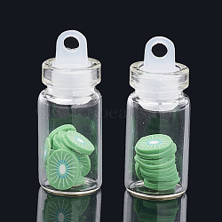 Handmade Polymer Clay Nail Art Decoration Accessories, with Glass Wishing Bottle and CCB Plastic Bottle Stopper, Kiwi Fruit, Medium Sea Green, 4~8x4~8x0.1~2mm, about bottle: 27.5x11mm, hole: 3mm(X-MRMJ-N032-21)