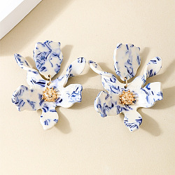 Valentine's Day Acrylic Dangle Stud Earrings, Flower, Golden, Blue, 71x54mm(WG54A41-01)