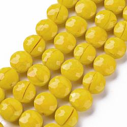 Opaque Solid Color Glass Beads Strands, Faceted, Flat Round, Gold, 14x8mm, Hole: 1~1.2mm, about 25pcs/strand, 13.77 inch(35cm)(GLAA-N032-05L)