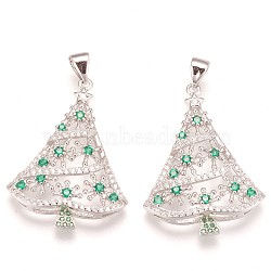 Brass Micro Pave Cubic Zirconia Pendants, Christmas Tree, Green, Platinum, 29.5x22.5x4mm, Hole: 3.5x5mm(ZIRC-F086-03P)