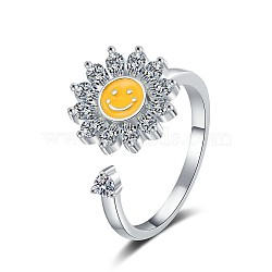 Sunflower with Smiling Face Enamel Rotatable Cuff Rings for Women, Brass Cubic Zirconia Fidget Spinner Rings for Calming Worry Meditation, Platinum, Inner Diameter: 17mm(RJEW-M016-07P)