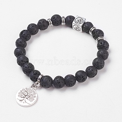 Natural Lava Rock Stretch Bracelets, with Alloy Pendants & Findings, Tree of Life & Om Symbol, Burlap Packing, 2-1/8 inch(5.3cm)(BJEW-JB03771-01)
