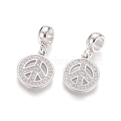 Brass Micro Pave Clear Cubic Zirconia European Dangle Charms, Large Hole Pendants, Peace Sign, Platinum, 24mm, Hole: 5mm, Peace Sign: 15x12.5x2mm(OPDL-L016-08P)