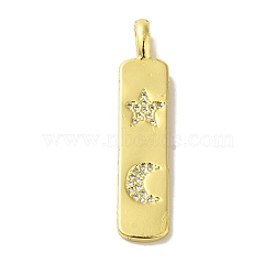 Brass Micro Pave Cubic Zirconia Pendants, Real 18K Gold Plated Rectangle with Moon Charms, Star, 43x9x6mm, Hole: 6x3mm(KK-Z042-15G-01)