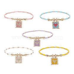 Glass Beaded Stretch Bracelet with Brass Beads, Head Pattern Charm Bracelet for Women, Mixed Color, Inner Diameter: 2-1/8 inch(5.3cm)(BJEW-MZ00005)