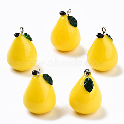 Opaque Resin Pendants, with Platinum Tone Iron Peg Bails, Bergamot Pear, Yellow, 27x19.5x19.5mm, Hole: 2mm(RESI-T028-74)