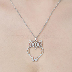 Non-Tarnish 201 Stainless Steel Hollow Owl Pendant Necklace, Stainless Steel Color, 17.72 inch(45cm)(NJEW-OY002-03)