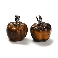 Natural Tiger Eye Pumpkin Charms, with Platinum Tone Rack Plating Brass Snap on Bails, Lead Free & Cadmium Free, 13.5x13mm, Hole: 4x3.5mm(G-K338-27P-01)