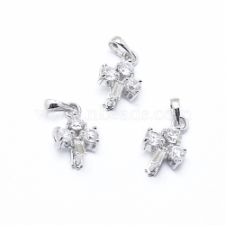925 Sterling Silver Pendant Ice Pick Pinch Bails, with Clear Cubic Zirconia, Carved 925, Cross, Platinum, 15x9x4mm, Hole: 4x2.5mm, Pin: 1mm(STER-I017-065P)