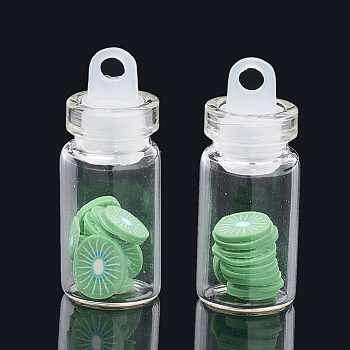 Handmade Polymer Clay Nail Art Decoration Accessories, with Glass Wishing Bottle and CCB Plastic Bottle Stopper, Kiwi Fruit, Medium Sea Green, 4~8x4~8x0.1~2mm, about bottle: 27.5x11mm, hole: 3mm