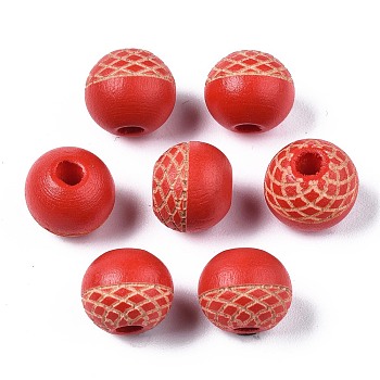 Painted Natural Wood Beads, Laser Engraved Pattern, Round, Red, 10x9mm, Hole: 2.5mm