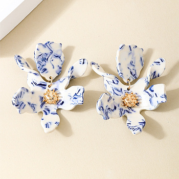 Valentine's Day Acrylic Dangle Stud Earrings, Flower, Golden, Blue, 71x54mm