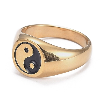 Ion Plating(IP) 304 Stainless Steel Finger Rings, Yin Yang Ring, with Enamel, Gossip, Real 18K Gold Plated, Size 13, Inner Diameter: 22.1mm