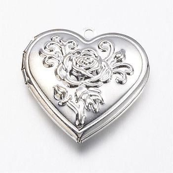 Brass Locket Pendants, Heart with Rose, Silver Color Plated, 29x29x7.5mm, Hole: 2mm