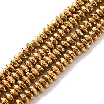 Electroplate Non-magnetic Synthetic Hematite Beads Strands, Faceted, Rondelle, Grade A, Golden Plated, 6x3mm, Hole: 1.2mm, about 130pcs/strand, 16 inch