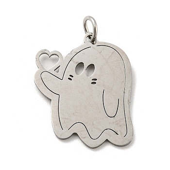 Halloween Laser Cut 304 Stainless Steel Pendant, with Jump Ring, Ghost Charm, Stainless Steel Color, 22x18x1mm, Hole: 3mm