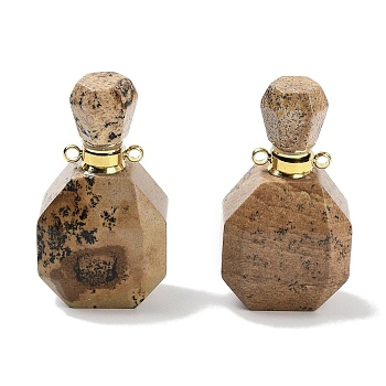 Natural Picture Jasper Perfume Bottle Pendants, Faceted Bottle Charms with Golden Tone 304 Stainless Steel Findings, Cadmium Free & Lead Free, 36~37x20~20.5x13.5~15mm, Hole: 1.8mm