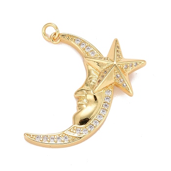 Cubic Zirconia Pendants, with Rack Plating Real 18K Gold Plated Brass Findings, with Jump Rings, Long-Lasting Plated, Lead Free & Cadmium Free, Moon & Star, Real 18K Gold Plated, 29x23.5x7mm, Jump Ring: 4.6x0.8mm, 3mm Inner Diameter