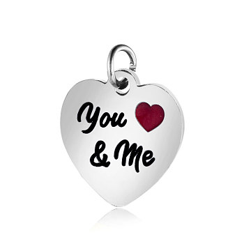 304 Stainless Steel Enamel Charms, with Jump Rings, Polished, Heart with You & Me, Stainless Steel Color, 12.5x12x1mm, Hole: 2.5mm