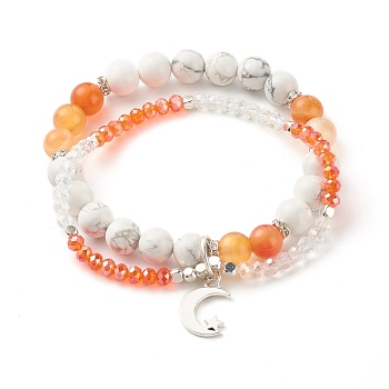 Moon and Star Charm Multi-strand Bracelet, Natural Howlite & Carnelian Round Beads Bracelet, Sparkling Glass Beads Bracelet for Girl Women, Inner Diameter: 2-1/8 inch(5.4cm)