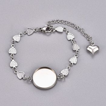 304 Stainless Steel Bracelet Making, with Lobster Claw Clasps, Heart Link Chains and Flat Round Cabochon Settings, Stainless Steel Color, Tray: 12mm, 6-1/8 inch(15.6cm)