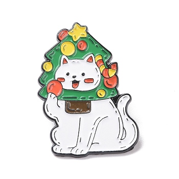 Cat with Christmas Tree Enamel Pin, Cartoon Alloy Badge for Backpack Clothes, Electrophoresis Black, Colorful, 33x24x1.5mm, pin: 1.3mm