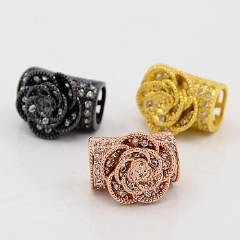 CZ Jewelry Findings Brass Micro Pave Cubic Zirconia Hollow Curved Tube Beads, Curved Tube Noodle Beads, Grade AAA, Lead Free & Cadmium Free & Nickel Free, Flower Rose, Clear, Mixed Color, 15x8x11mm, Hole: 7x5mm