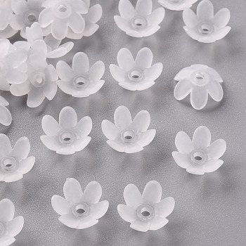 Frosted Acrylic Bead Caps, 6-Petal, Flower, White, 14x6mm, Hole: 2mm, about 1660pcs/500g
