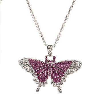 Butterfly Rhinestone Pendant Necklaces, with Platinum Alloy Chains, Rose, 18.31 inch(46.5cm)