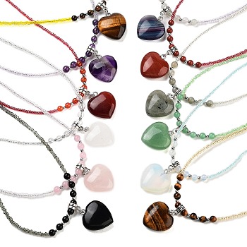 Natural & Synthetic Mixed Gemstone Heart Pendant Necklaces, Glass Seed Beaded Necklaces for Women, 18.70 inch(47.5cm)