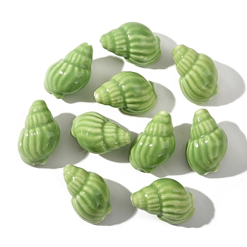 10Pcs Handmade Printed Porcelain Beads, Conch Shape, Pale Green, 20~21x13~14x11.5~12mm, Hole: 1.4mm
