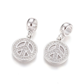 Brass Micro Pave Clear Cubic Zirconia European Dangle Charms, Large Hole Pendants, Peace Sign, Platinum, 24mm, Hole: 5mm, Peace Sign: 15x12.5x2mm
