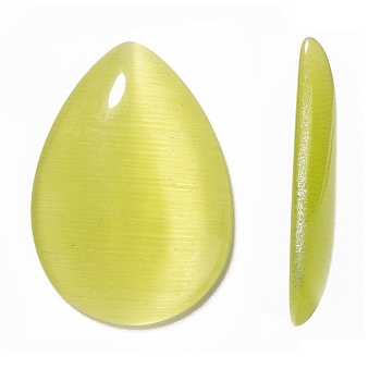 Cat Eye Cabochons, Green Yellow, teardrop, about 13mm wide, 18mm long, 5mm thick