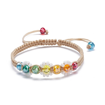 Flower Shape Braided Bead Bracelet, Bling Glass Beads Adjustable Bracelet for Women, Colorful, Inner Diameter: 2-3/8~3-3/4 inch(6~9.4cm)