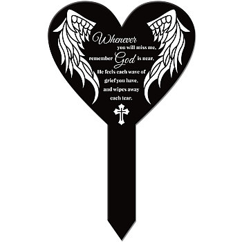 Acrylic Garden Stake, Ground Insert Decor, for Yard, Lawn, Garden Decoration, Heart with Memorial Words, Wing, 258x158mm