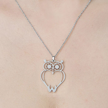 201 Stainless Steel Hollow Owl Pendant Necklace, Stainless Steel Color, 17.72 inch(45cm)
