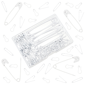 110Pcs 3 Style Spray Painted Iron Safety Pins & Calabash Pins, White, 22~75x7~17x2~6mm, Hole: 4.5mm, Pin: 0.7~1.5mm