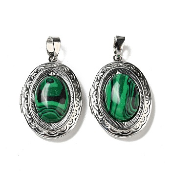 Synthetic Malachite Locket Pendants, Platinum Plated Alloy Oval Charms, 33.5x23.5x9~10mm, Hole: 8x4mm