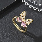 Brass & Cubic Zirconia Finger Rings, Long-Lasting Plated, Butterfly, Golden, 15x15mm, Inner Diameter: 17mm(CU-CBA7E55-10G)