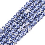 Handmade Flower Printed Porcelain Ceramic Beads Strands, Round, Royal Blue, 6mm, Hole: 2mm, about 60pcs/strand, 11.6~13 inch(X-PORC-M005-6mm-10)