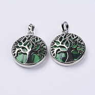 Dyed Synthetic Malachite Pendants, with Platinum Plated Brass Findings, Flat Round with Tree of Life, 31x27x8mm, Hole: 3.5x7mm(G-P350-D14)