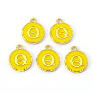 Golden Plated Alloy Enamel Charms, Enamelled Sequins, Flat Round with Letter, Gold, Letter.Q, 14x12x2mm, Hole: 1.5mm(X-ENAM-S118-09Q)