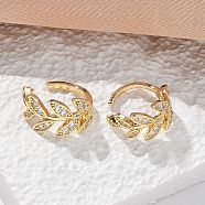 Brass Micro Pave Clear Cubic Zirconia Cuff Earrings, Leafy Branches, Golden, 15x8.5mm, Inner Diameter: 12mm(X-EJEW-I249-11G)