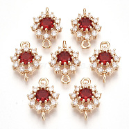 Transparent Glass Links connectors, with Golden Tone Brass Findings and Clear Rhinestone, Faceted, Flower, Red, 16x11x5mm, Hole: 1.2mm(GLAA-R212-18D)