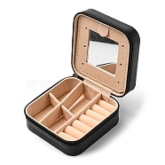 Sqaure PU Leather Jewelry Box, with Mirror, Travel Portable Jewelry Case, Zipper Storage Boxes, for Necklaces, Rings, Earrings and Pendants, Black, 10x10x5cm(PAAG-PW0012-07E)