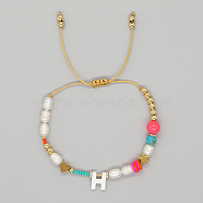 Initial Letter Natural Pearl Braided Bead Bracelet, Adjustable Bracelet, Letter H, 11 inch(28cm)(LO8834-08)
