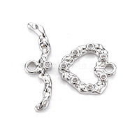 Brass Micro Pave Clear Cubic Zirconia Toggle Clasps, Nickel Free, Heart, Real Platinum Plated, Heart: 14.5x14x2mm, Hole: 2mm, Bar: 24.5x7x2mm, hole: 2mm(KK-S356-580-NF)