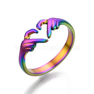 304 Stainless Steel Hand Heart Cuff Rings, Open Rings for Women Girls, Rainbow Color, US Size 6(16.7mm)(RJEW-N038-121M)