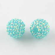 AB-Color Resin Rhinestone Beads, with Acrylic Round Beads Inside, for Bubblegum Jewelry, Cyan, 20x18mm, Hole: 2~2.5mm(RESI-S315-18x20-14)