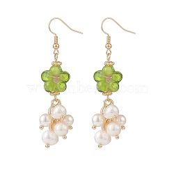 Lampwork Flower with Natural Pearl Dangle Earrings, Brass Cluster Drop Earrings for Women, Yellow Green, 59mm, Pin: 0.9mm(EJEW-TA00145)